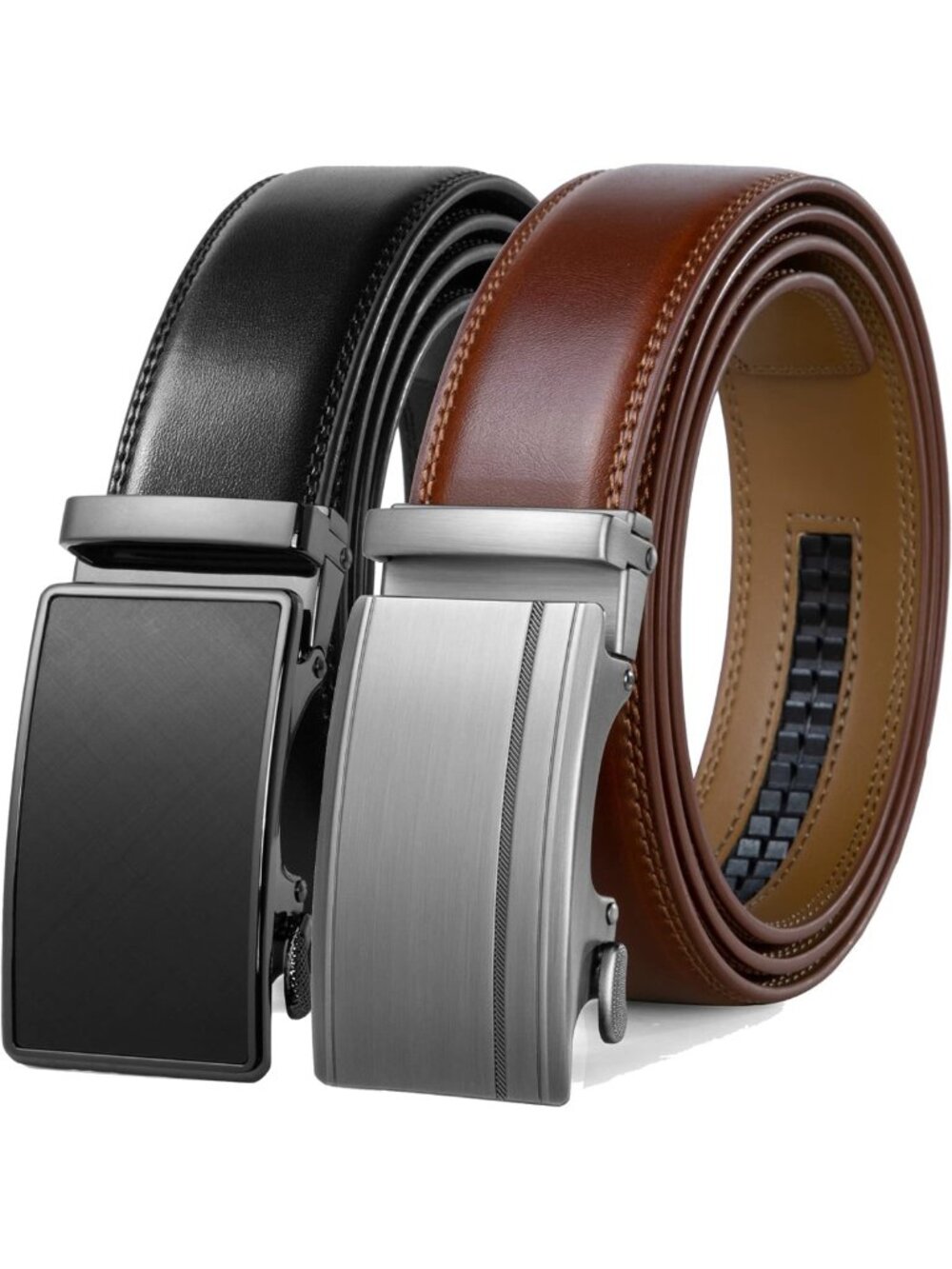 2-Pack Leather Ratchet Click Belts for Men, Adjustable Dress Belts in Gift Box
